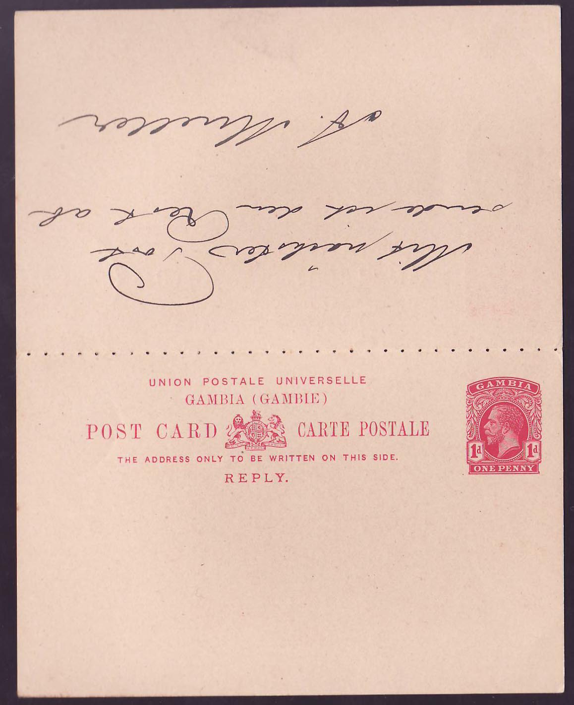 Gambia Gambie Postal stationary 1d+ 1/2d + 1 1/2d for Hannover  Germany  can 3 5 13  — Rückseite