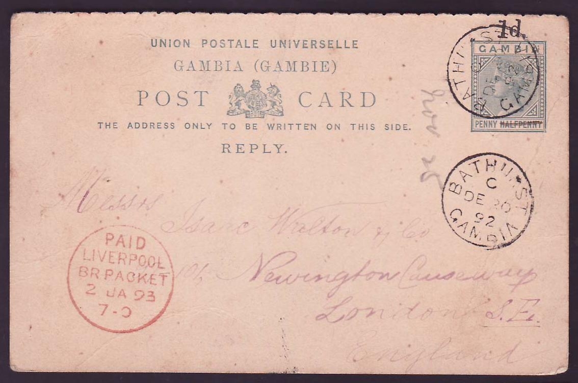 Gambia Gambie 1 1/2p Postal stationary canc Bathurst DE 92 for London  England