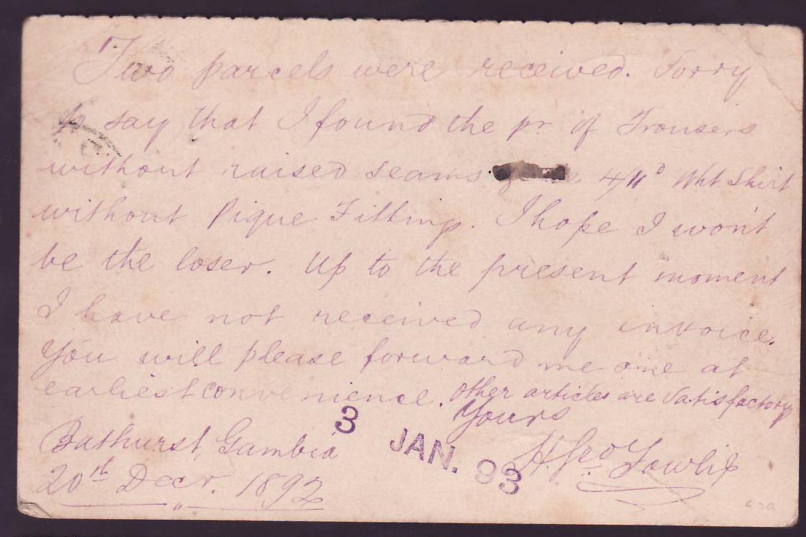 Gambia Gambie 1 1/2p Postal stationary canc Bathurst DE 92 for London  England — Back
