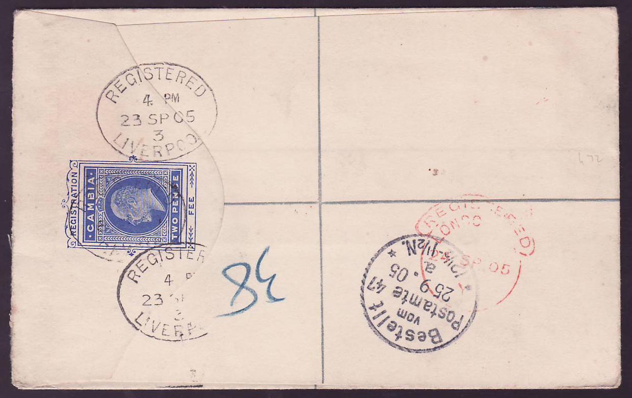 Gambia Gambie Registered letter with 2d + 1/2d values for Berlin  Germany — Rückseite