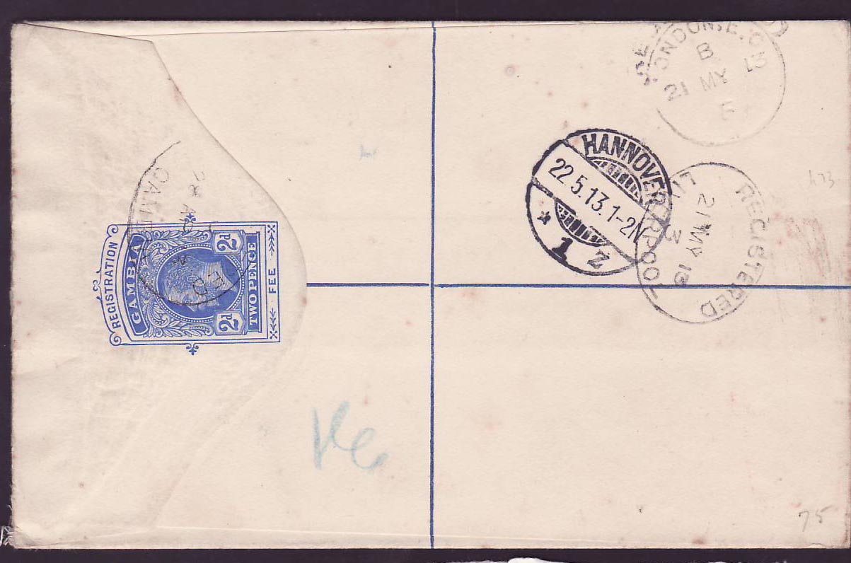 Gambia Gambie Registered letter with 4d value to Hannover  Germany  dated 1913 — Rückseite