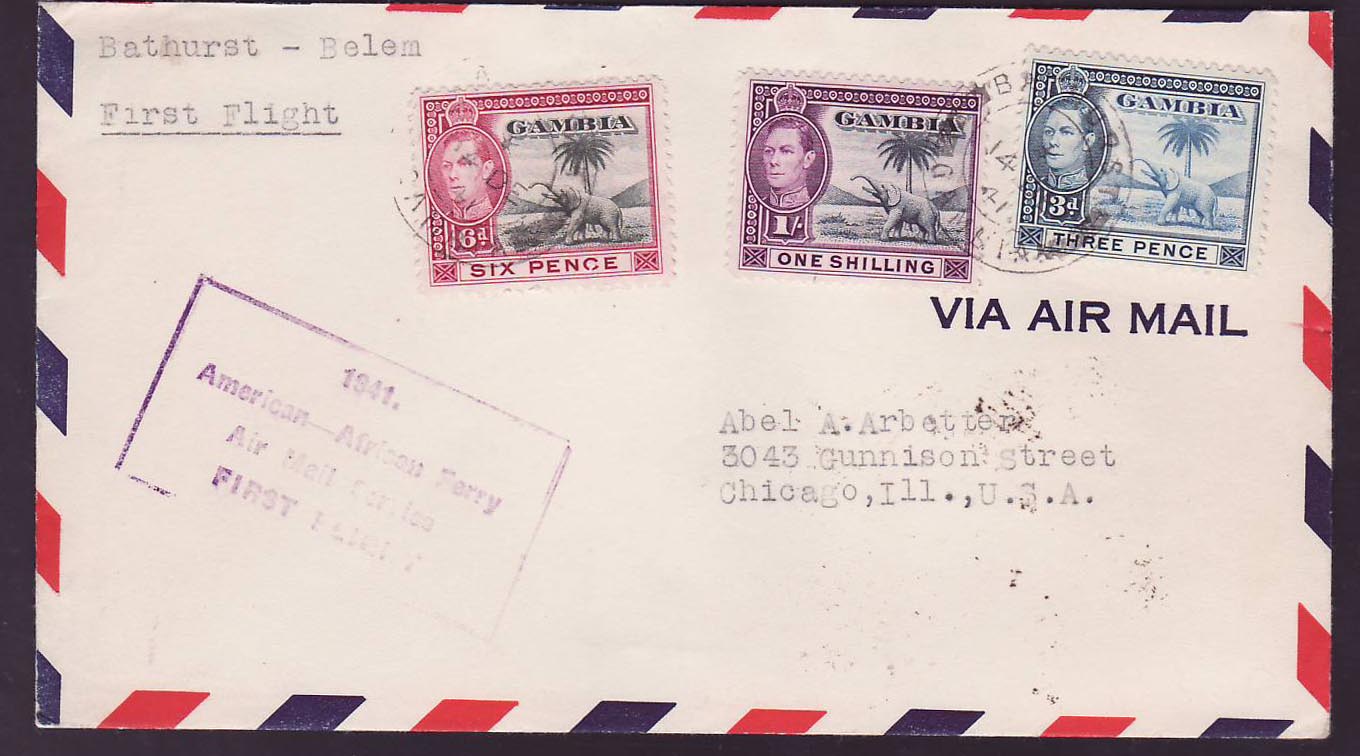Gambia Gambie Elephant Values with 1941 American African Ferry Air Mail service First Flight to Chicago  USA