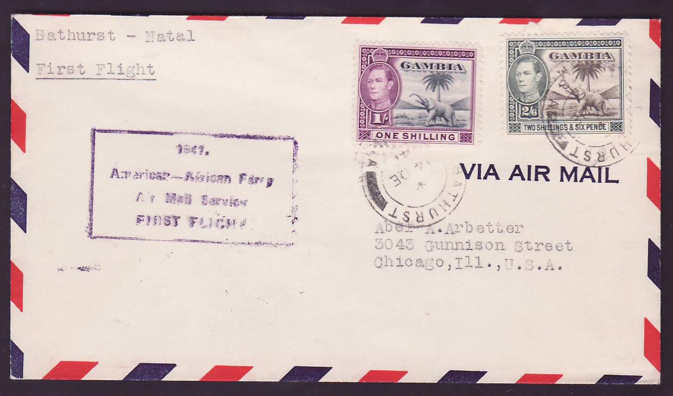 Gambia Gambie Elefante Valores con servicio de correo aéreo American African Ferry 1941 Primer vuelo hacia Chicago, EE.UU. Bathurst N