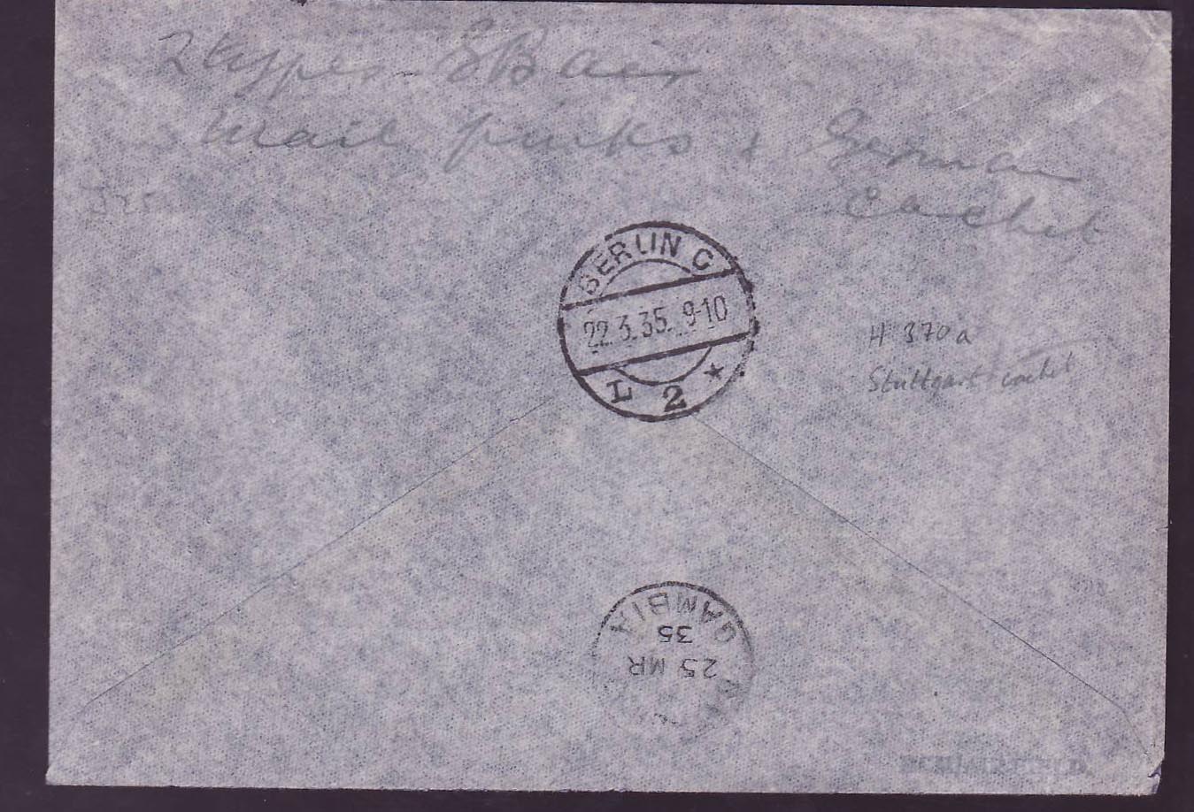 Gambia Gambie Zeppelin cover dated MAR 35 London  for Gambia  RARE — Rückseite