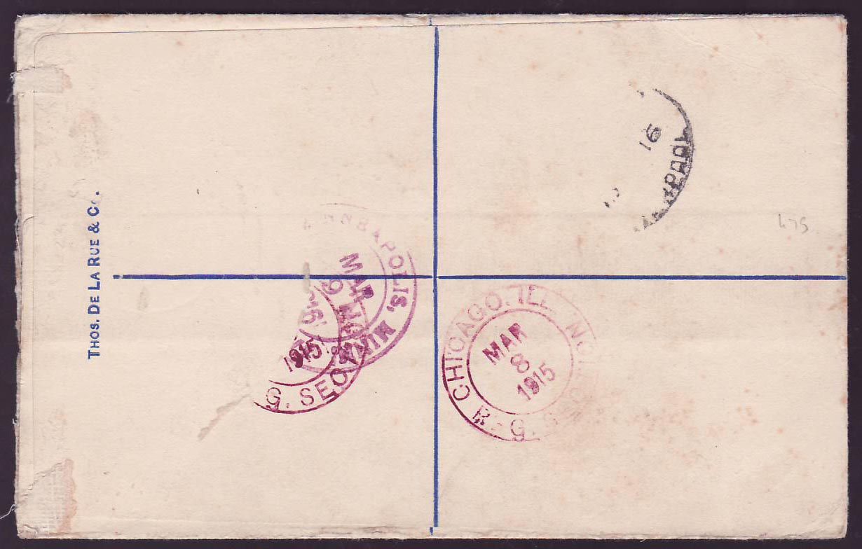Gambia Gambie Registered letter with 4d value to Minneapolis  USA  dated 1915 — Rückseite