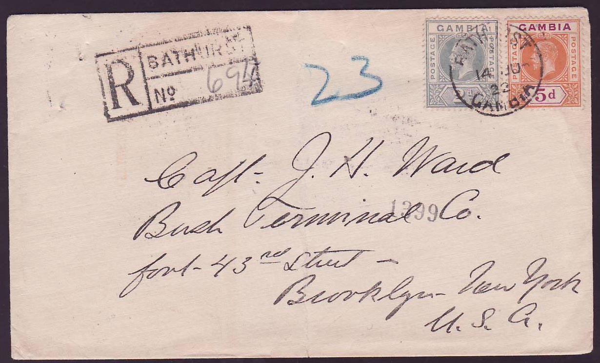 Gambia Gambie Registered with 7d franking (2d + 5d) can JU 22 for Brooklyn  New York  USA