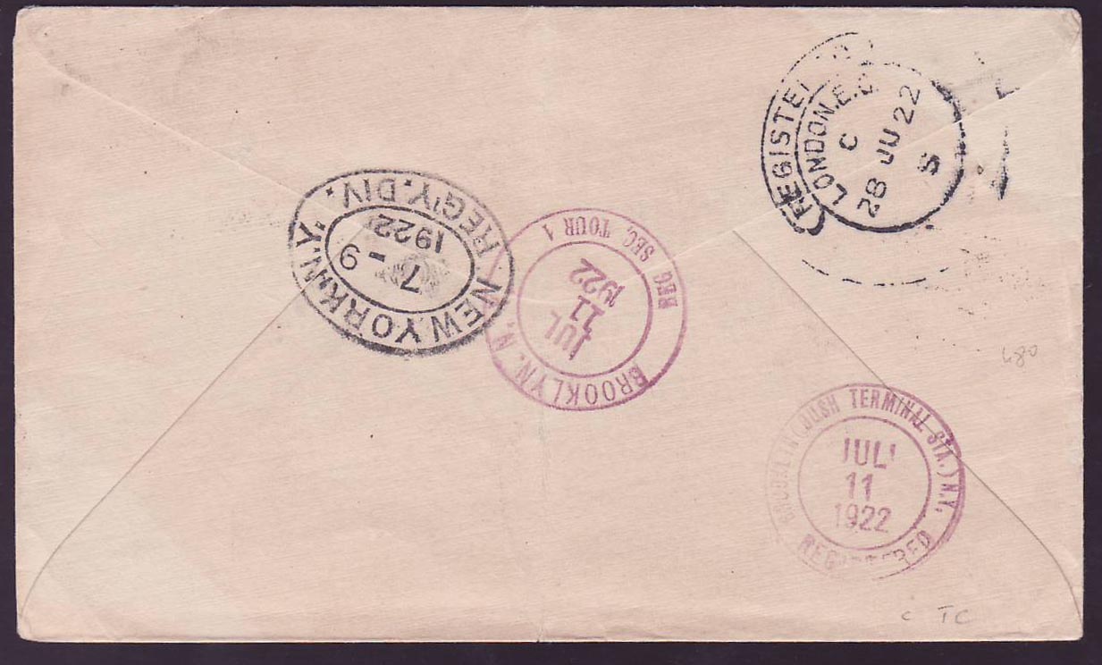 Gambia Gambie Registered with 7d franking (2d + 5d) can JU 22 for Brooklyn  New York  USA — Rückseite