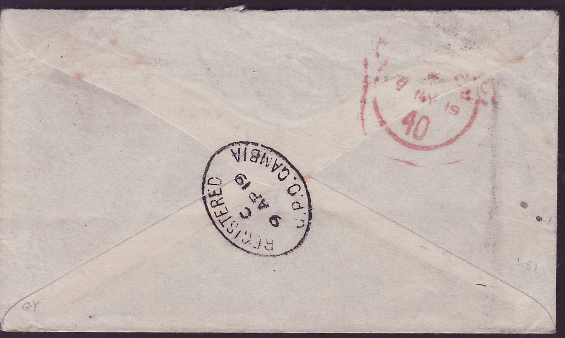 Gambia Gambie Registered with 7d franking (2d + 5d) can MY 19 for Porchester  England — Rückseite