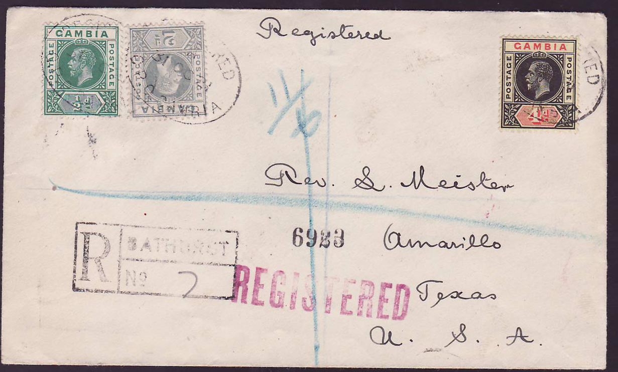 Gambia Gambie 1921 OC 31 registered cover addressed to Amavillo  USA with 1/2d + 2d+ 4d stamps and Registered GPO cds