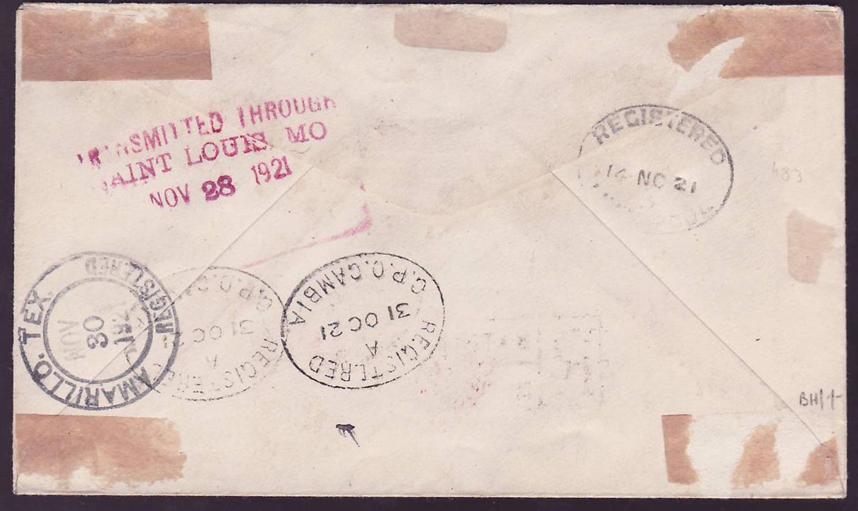 Gambia Gambie 1921 OC 31 registered cover addressed to Amavillo  USA with 1/2d + 2d+ 4d stamps and Registered GPO cds — Rückseite