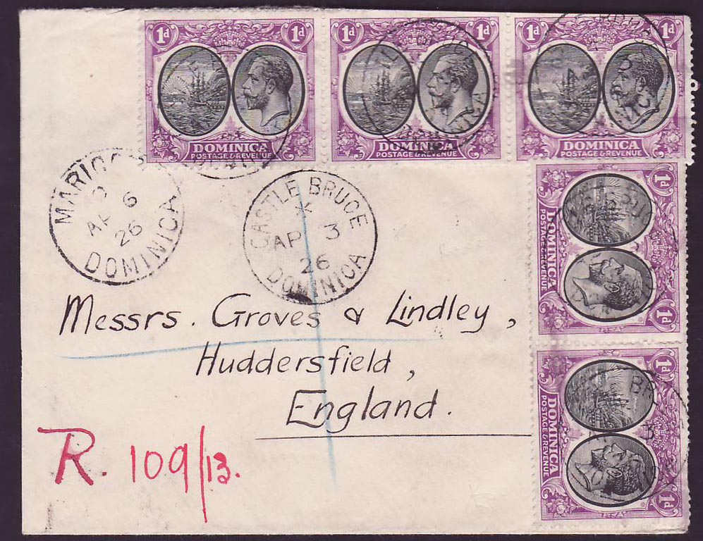 Dominica Cover with new office Castle Bruce cancelled AP 26 for Huddersfield  England  Marigot Transit
