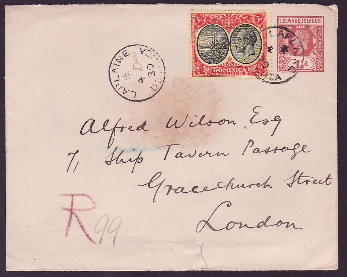 Dominica Laplaine (small office). Dec 1930 1 1/2d postal stationary uprated to London. Rare
