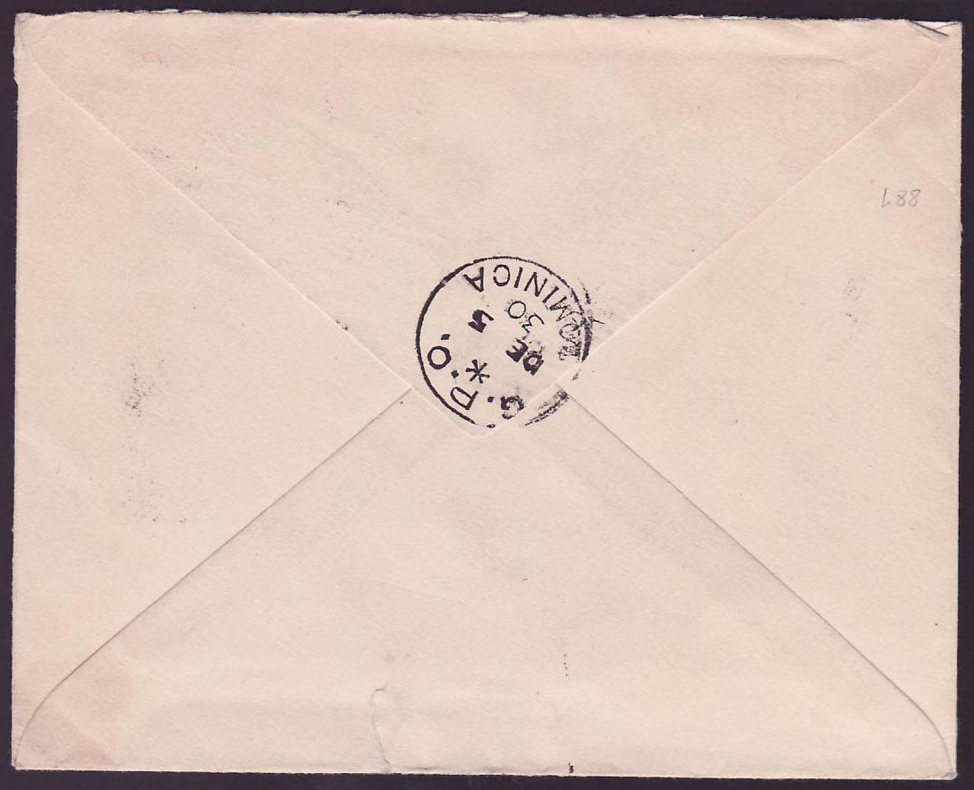 Dominica Laplaine (small office). Dec 1930 1 1/2d postal stationary uprated to London. Rare — Rückseite