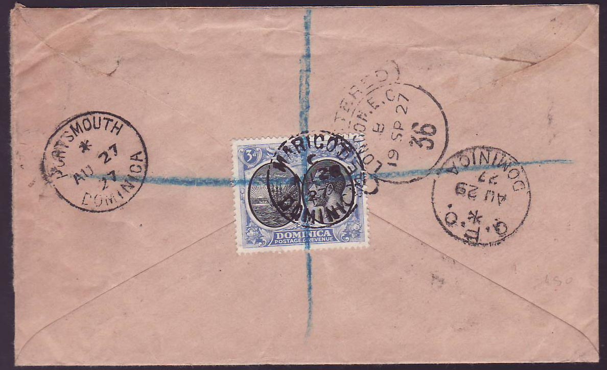 Dominica Marigot Aug 26 1927 1 1/2d + 3d on  reverse for Huddersfield  England  Portsmouth transit — Rückseite