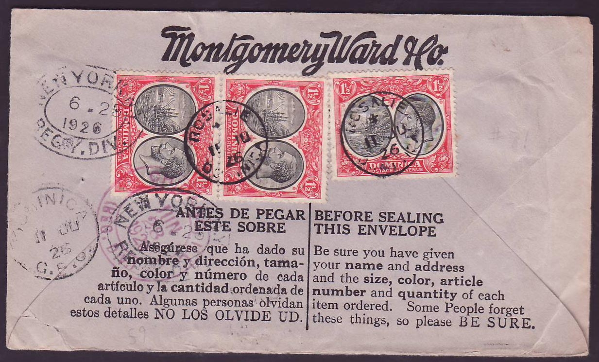 Dominica Rosalie (small office) June 11 1926 Franked on reverse with 4 1/2d at new registered letter rate to US