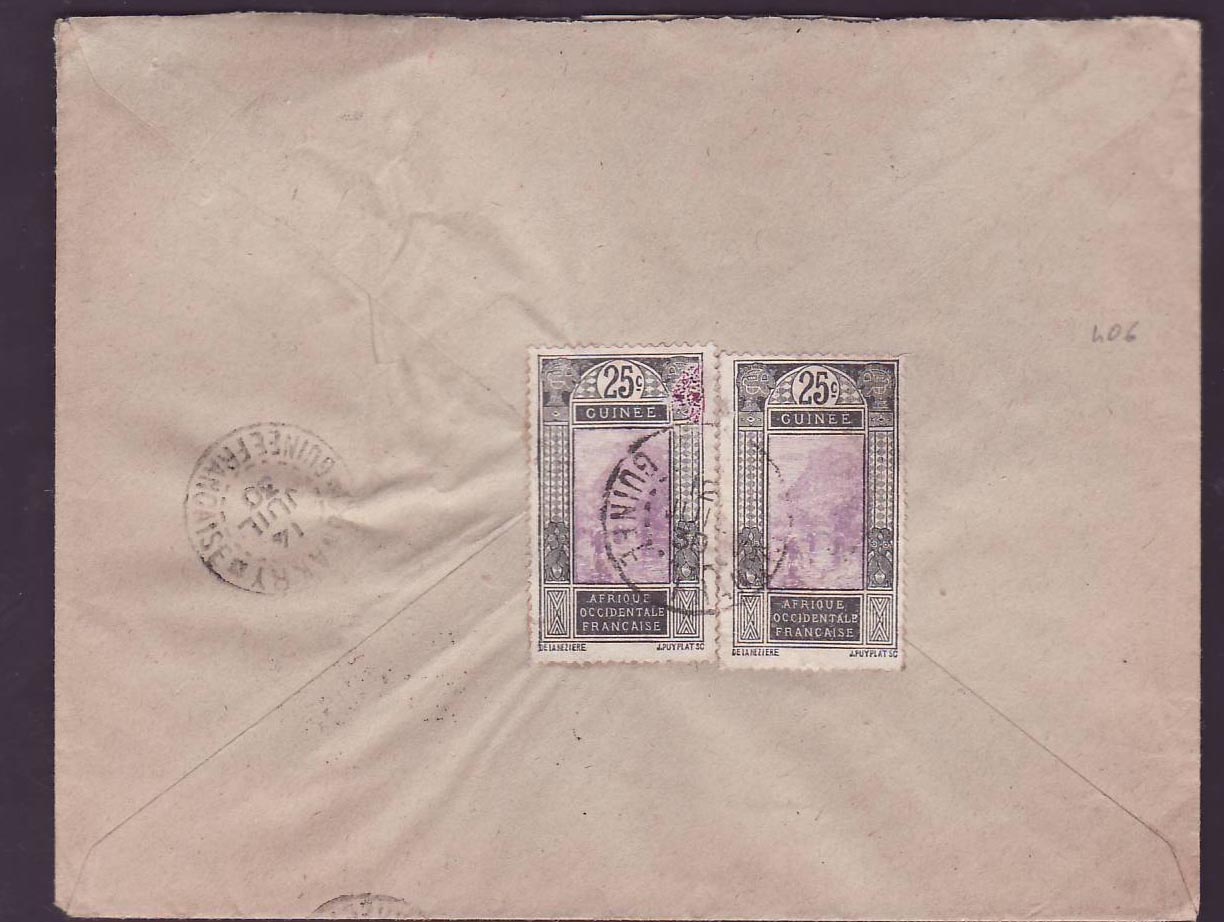 Guinee Lettre Aff 2/25c Gue de Kitim cad Labe 12 JUI 30 pour Paris  France — Rückseite