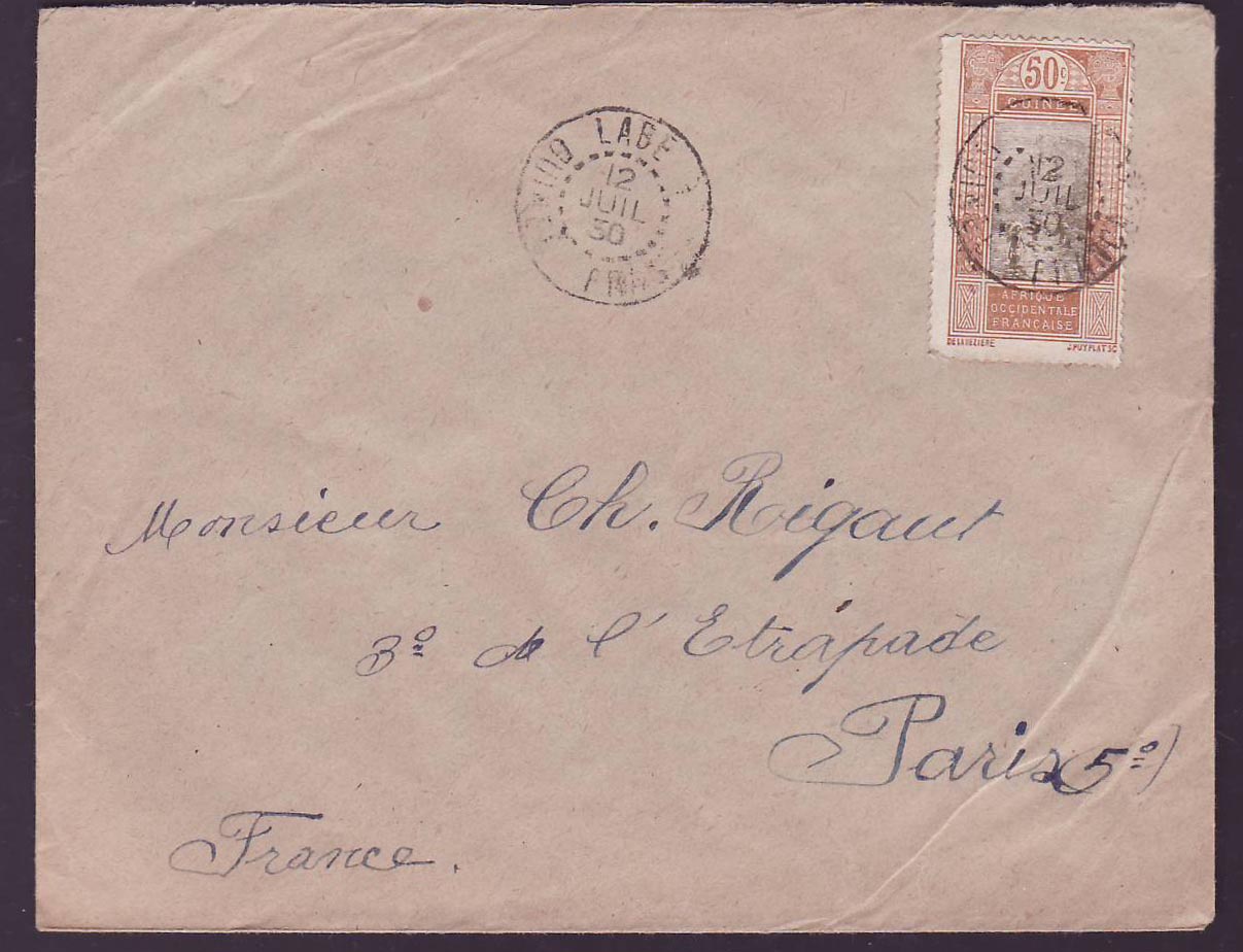Guinee Lettre 50c Gue de Kitim seul cad Labe 12 JUI 30 pour Paris  France