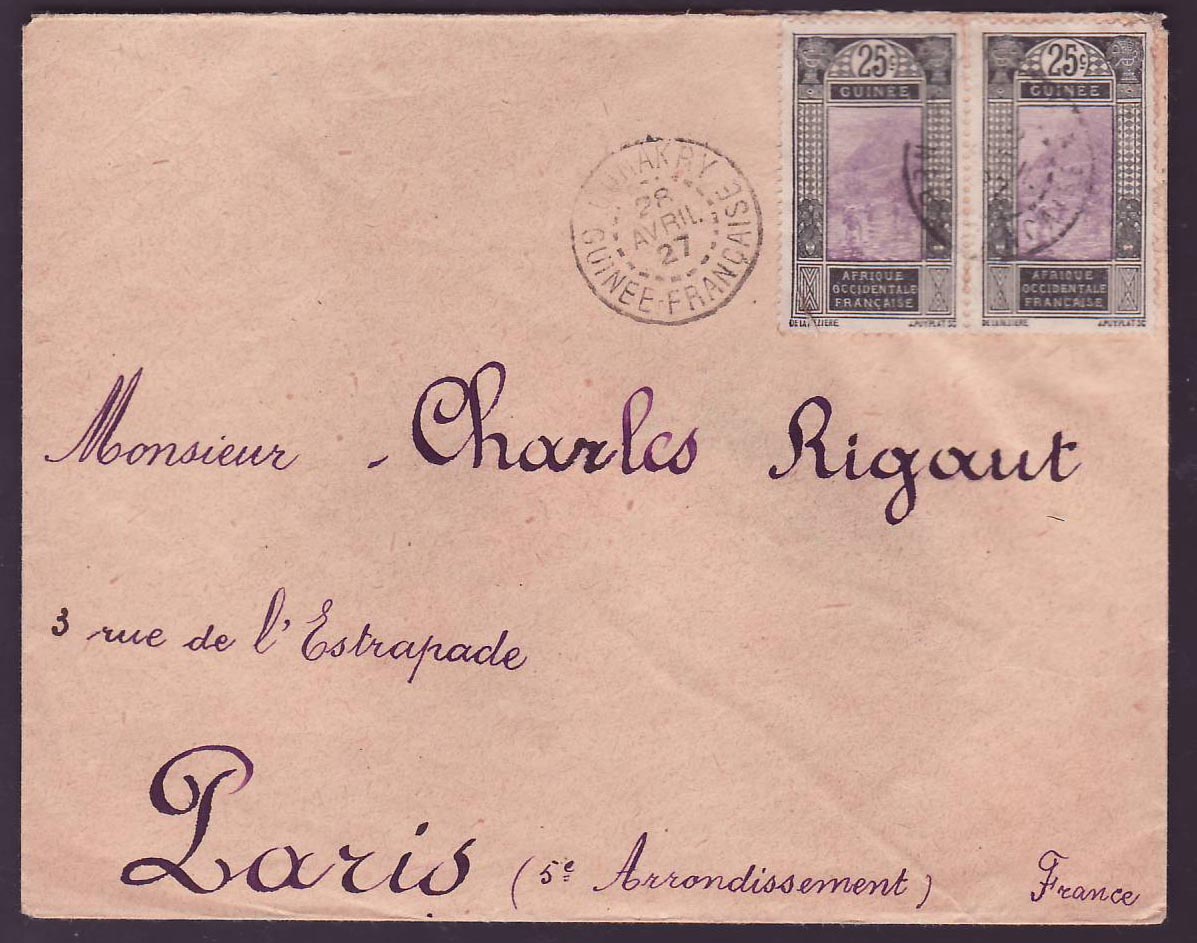 Guinee Lettre 2*25c cad Conakry AVR 27 pour Paris  France
