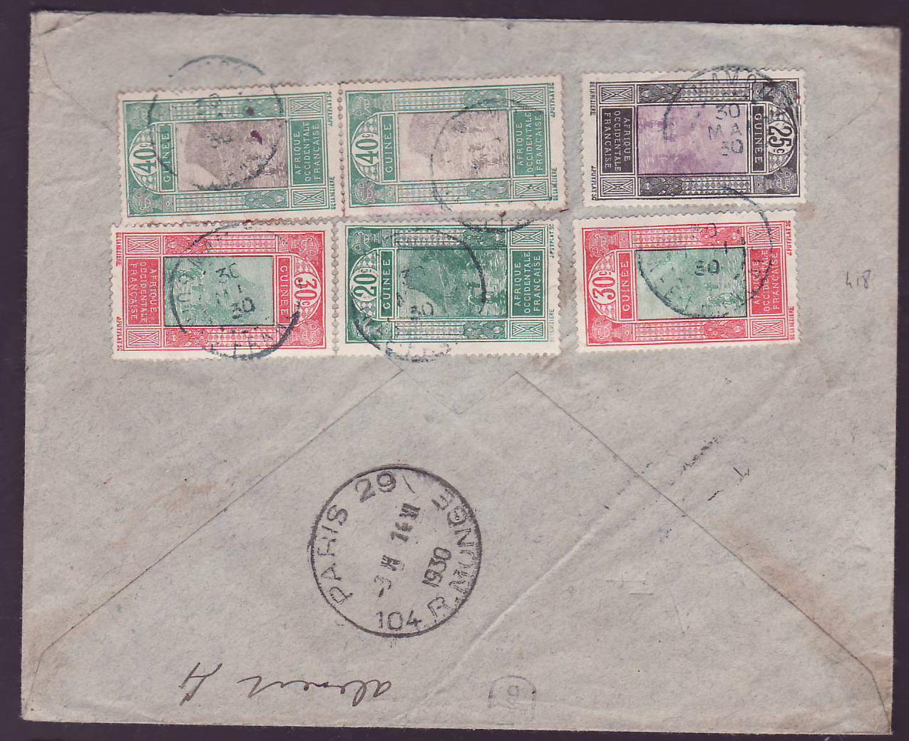 Guinee Lettre avec valeurs au dos Gue de Kitim aff multi colore cad 1930 pour Paris  France — Rückseite