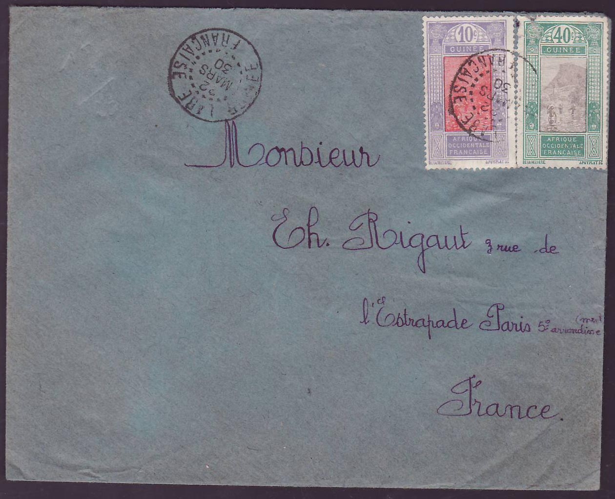 Guinee Lettre 10c + 40c cad Labe MARS 30 pour Paris  France