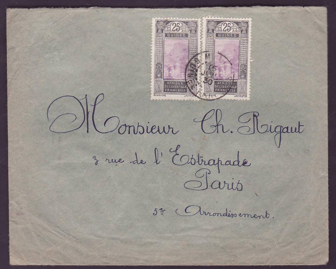 Guinee Lettre 2*25c cad JUIL 30 pour Paris  France