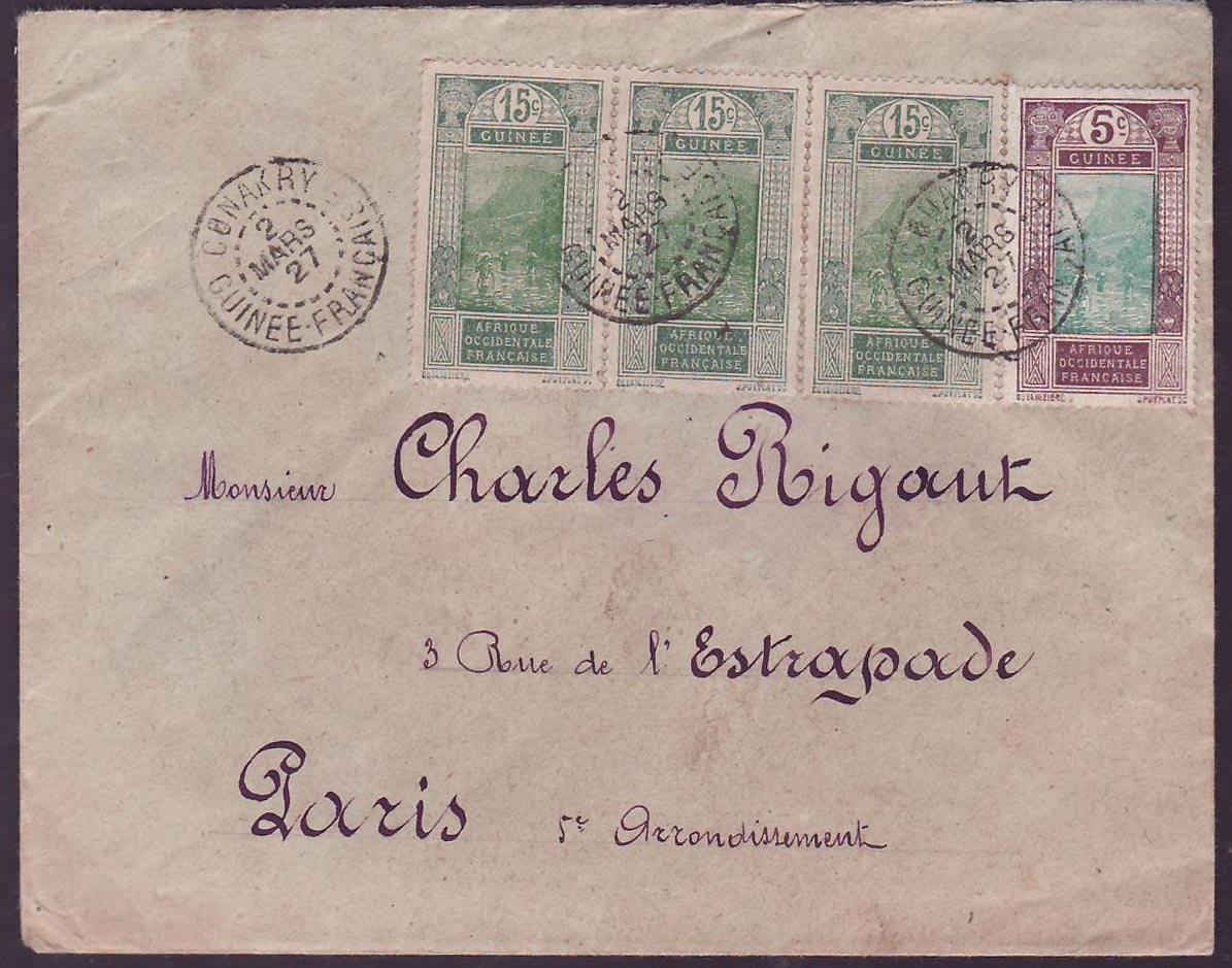 Guinee Lettre 5c + 3*15c Gue de Kitim cad Conakry MARS 27 pour Paris  France