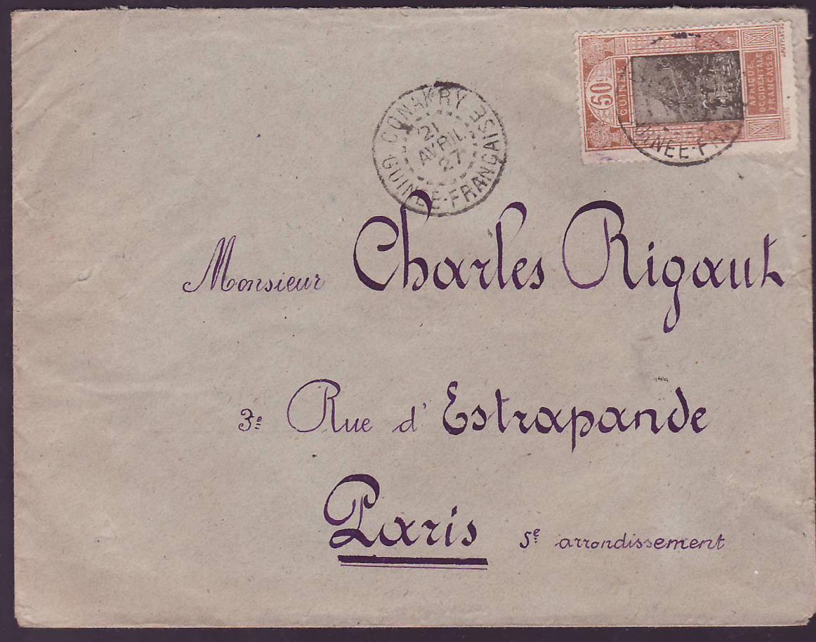 Guinee Lettre avec 50c Gue de Kiitim seul cad AVRIL 27 pour Paris  France