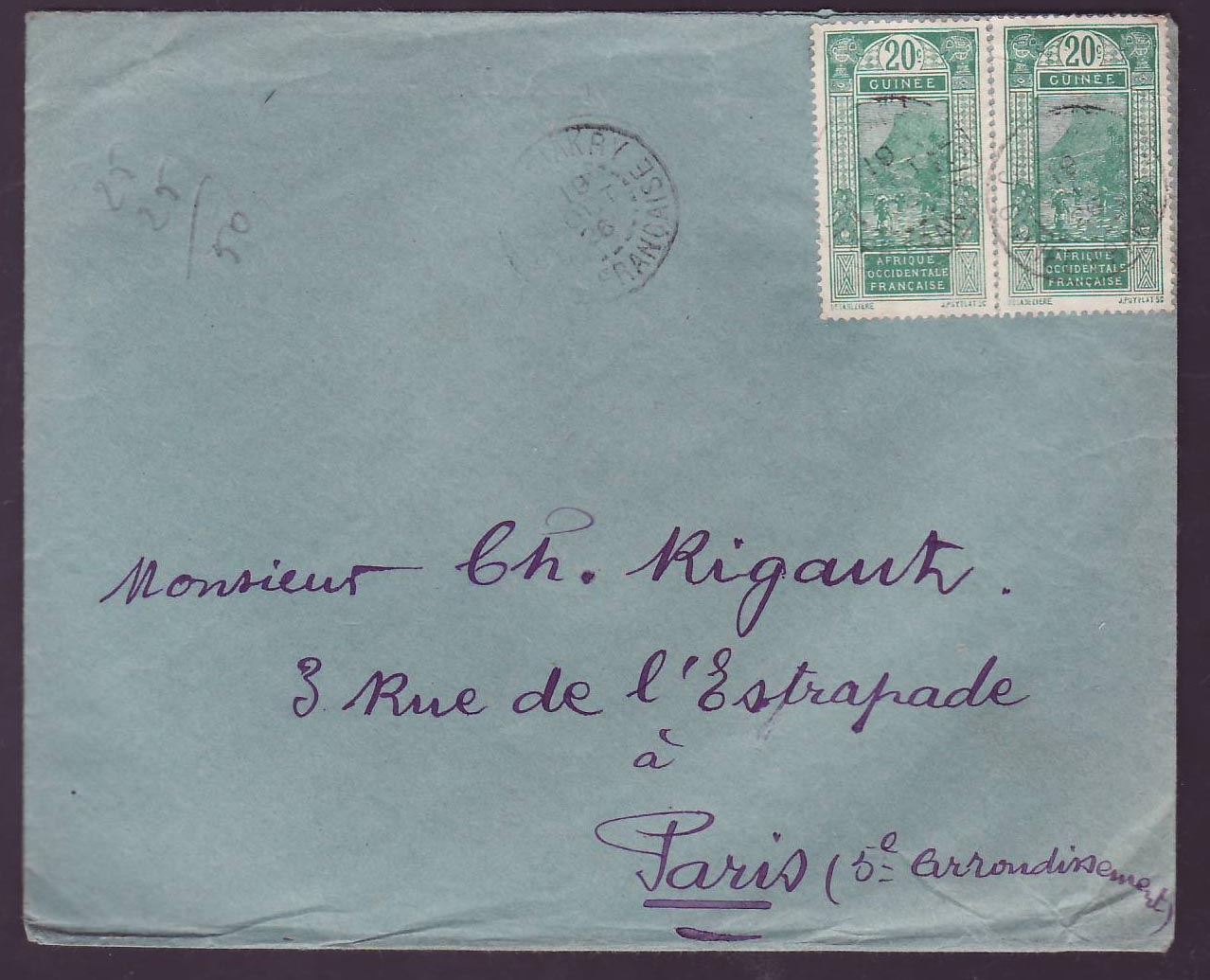 Guinee Lettre 2*20c Gue de Kitim cad Conakry 1926 pour Paris  France