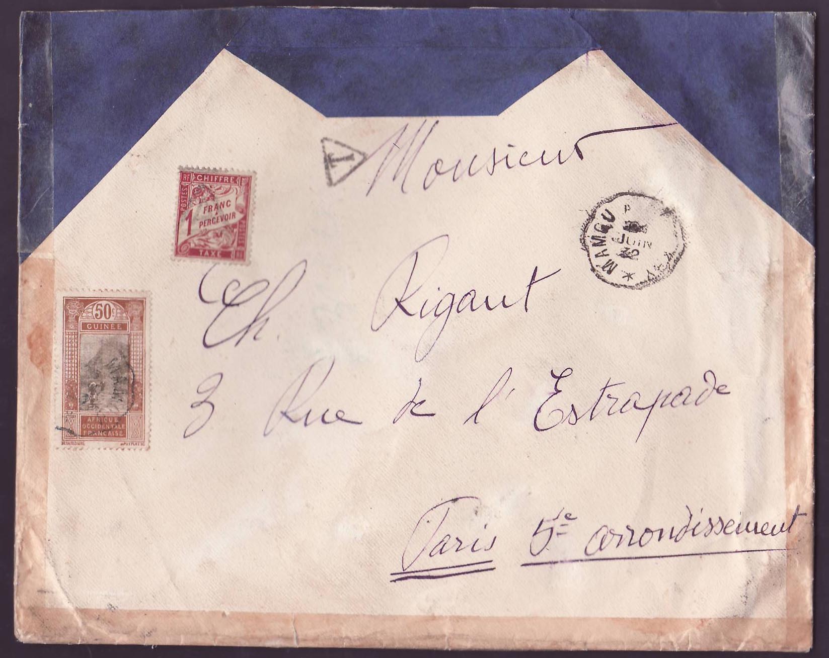 Guinee Lettre Taxée 1F avec Valeurs Gue de Kitim cad Mamou JUIN 32 pour Paris  France