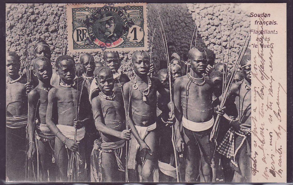 Soudan CPA Flagellants apres le duel avec 1c Gouverneur Ballay et RARE cachet Kayes 4 10 07 dactylographié