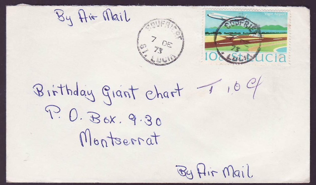 St Lucia Lucie Cover with Soufriere 1973 cds to Montserrat