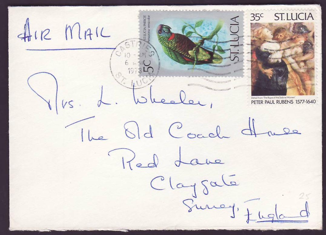 St Lucia Lucie Cover with Castries cds 1973 to Claygate  Surrey  England Perroquet