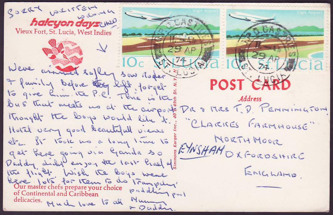 St Lucia Lucie Postcard with GPO Castries 1974 cds — Rückseite