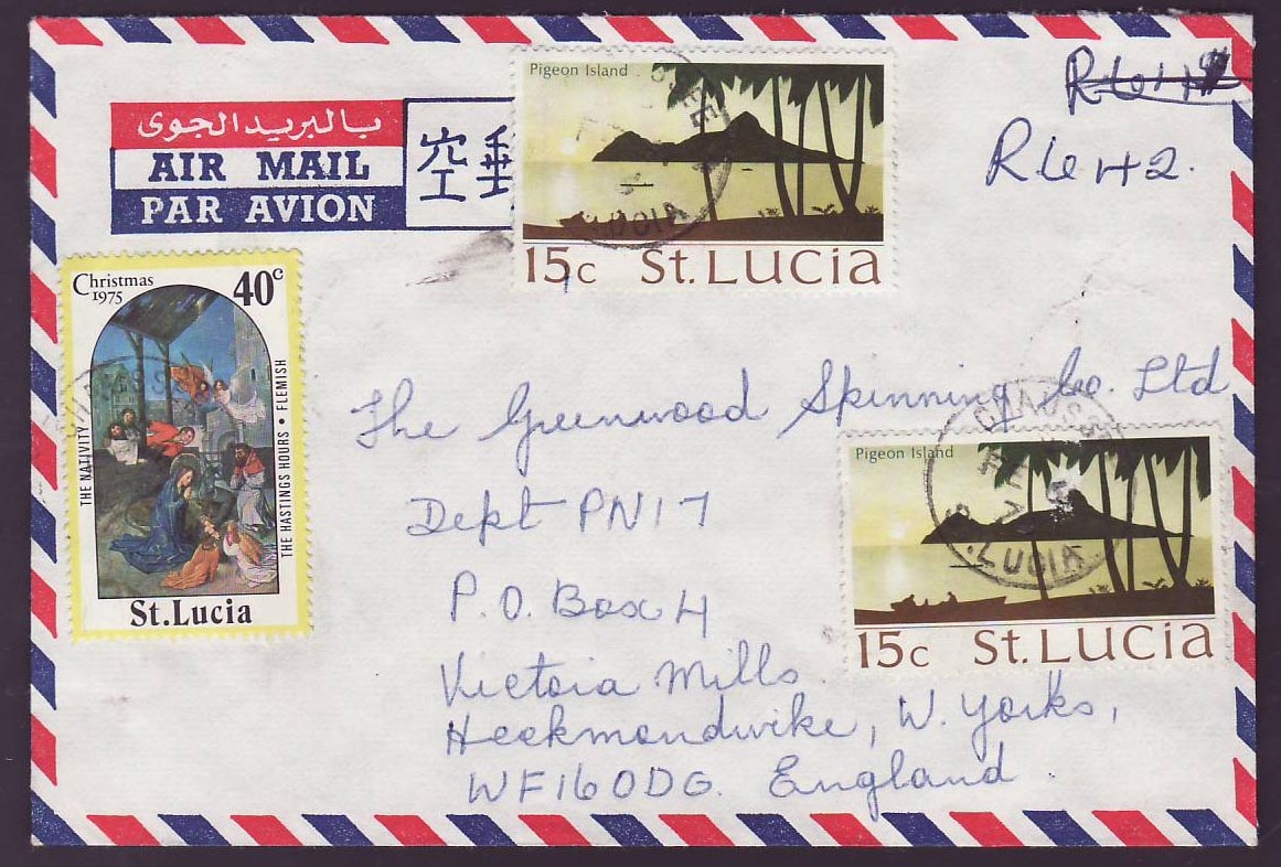 St Lucia Lucie Cover with Chaussee (small office) cds to England 1976