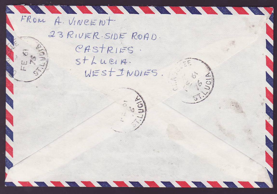 St Lucia Lucie Cover with Chaussee (small office) cds to England 1976 — Rückseite