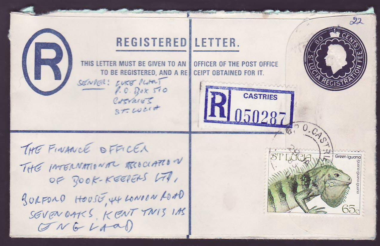 St Lucia Lucie Registered Letter + Iguana stamp to England