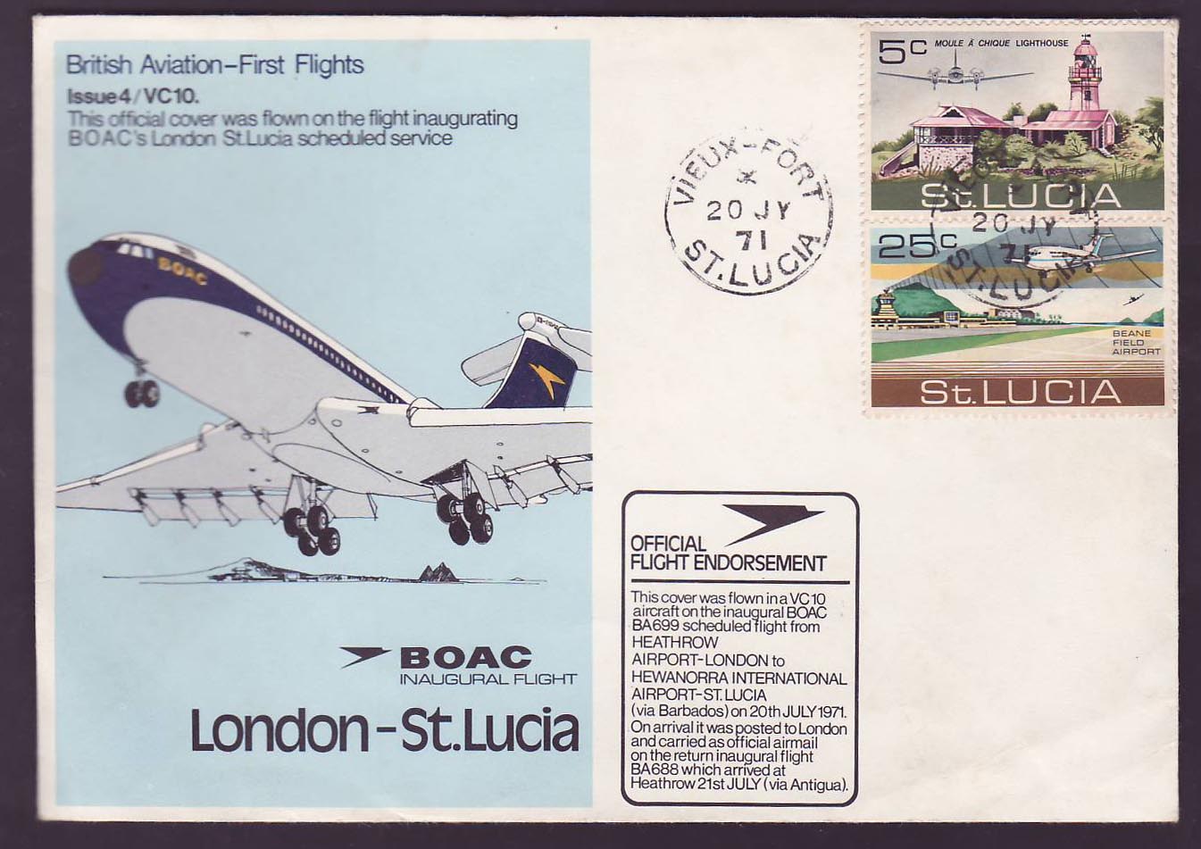 St Lucia Lucie Cover with Vieux Fort (small office) cds 1971 British Aviation 1st Flights BOAC