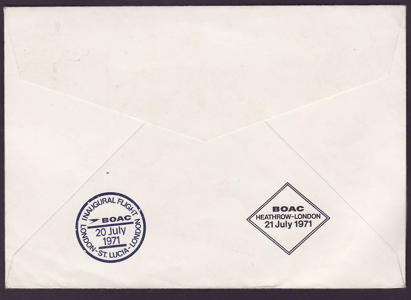 St Lucia Lucie Cover with Vieux Fort (small office) cds 1971 British Aviation 1st Flights BOAC — Rückseite