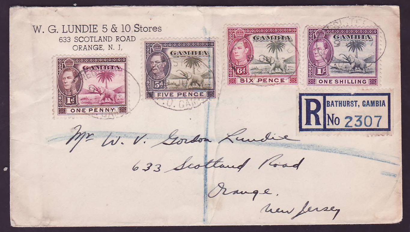 Gambia Gambie Elephant adhesives incl 1s on Bathurst cover to Orange  New Jersey  USA  1947 cds