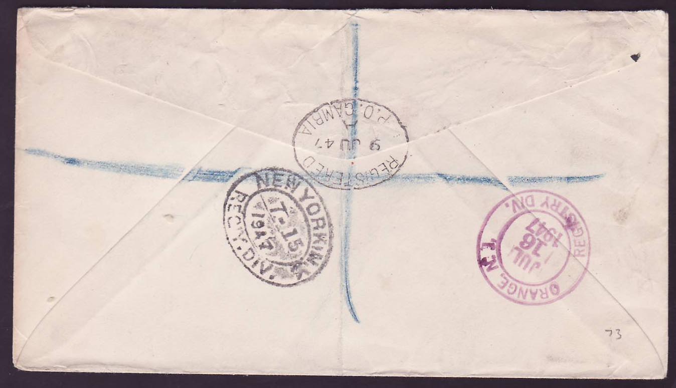 Gambia Gambie Elephant adhesives incl 1s on Bathurst cover to Orange  New Jersey  USA  1947 cds — Verso