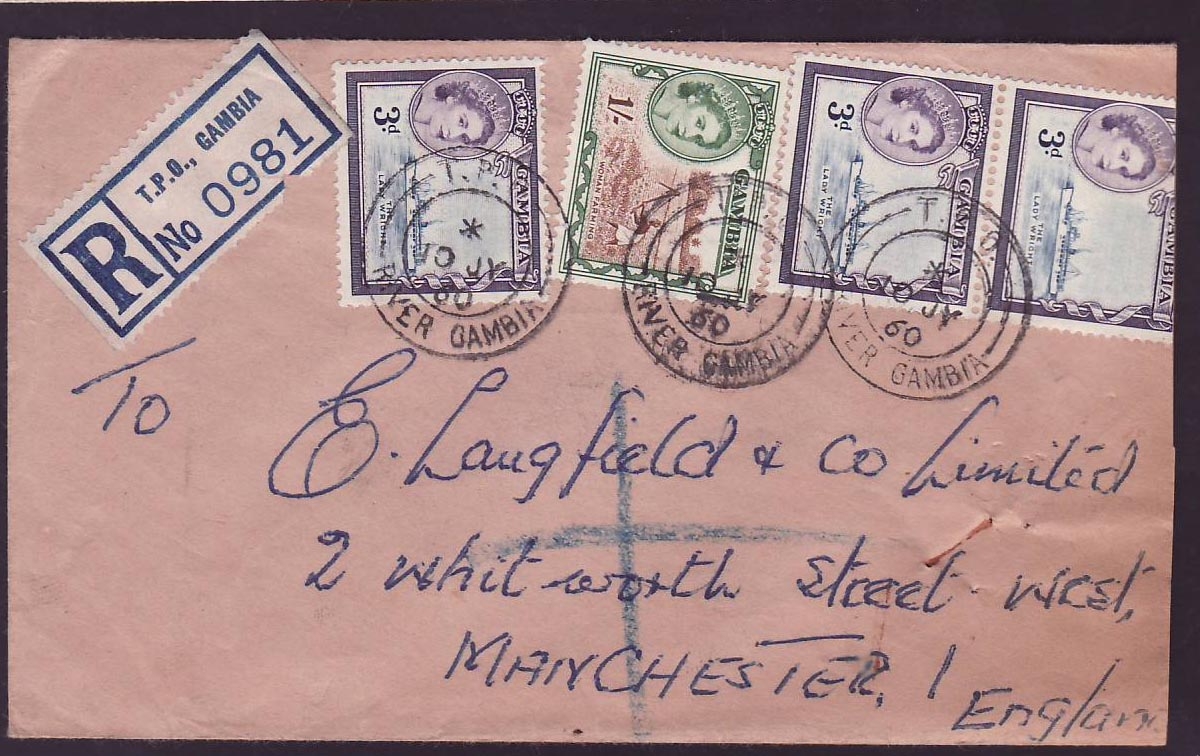 Gambia Gambie QEII values on 1960 cover to Manchester  England  with unusual TPO Gambia cds