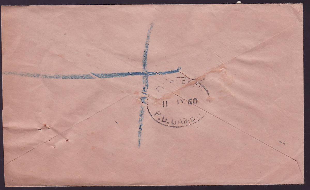 Gambia Gambie QEII values on 1960 cover to Manchester  England  with unusual TPO Gambia cds — Rückseite