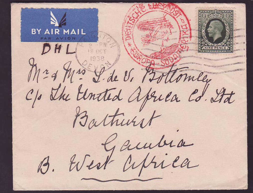 Gambia Gambie Zeppeling cover with 9d adhesive to Bathurst Gambia Aviation RARE
