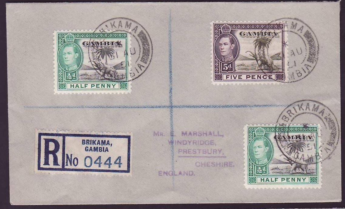 Gambia Gambie Brikama (small office) on cover with Elephant issues to Prestbury  England  OC 51 cds