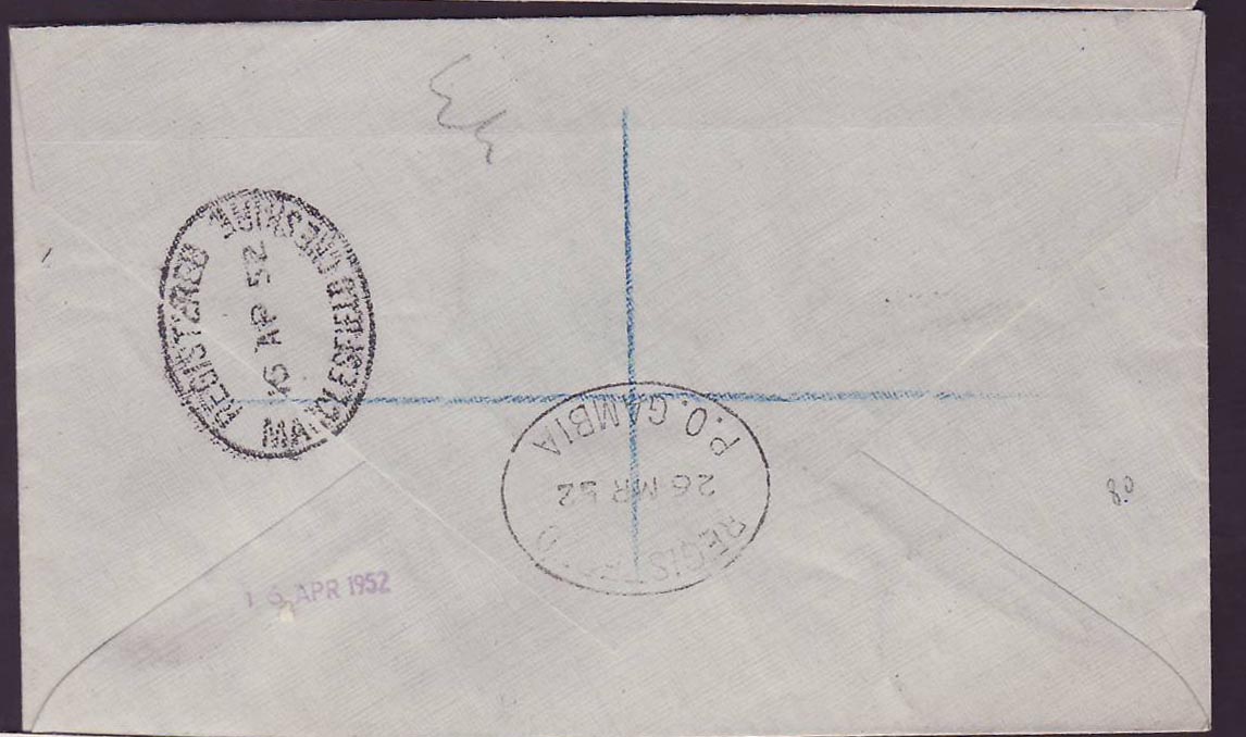 Gambia Gambie BASSE (small office) on cover with Elephant issues to Prestbury  England  AP 52 cds — Back