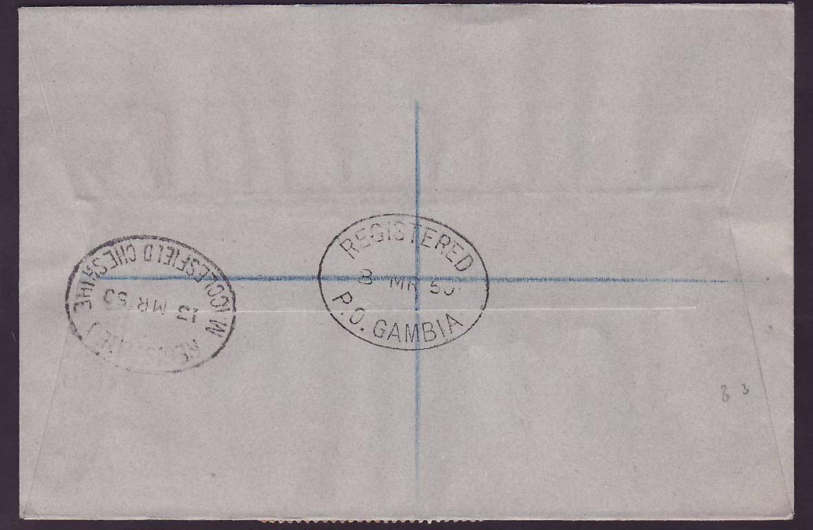 Gambia Gambie BASSE  (small office) on cover with UPU issues to Prestbury  England  MR 50 cds — Rückseite