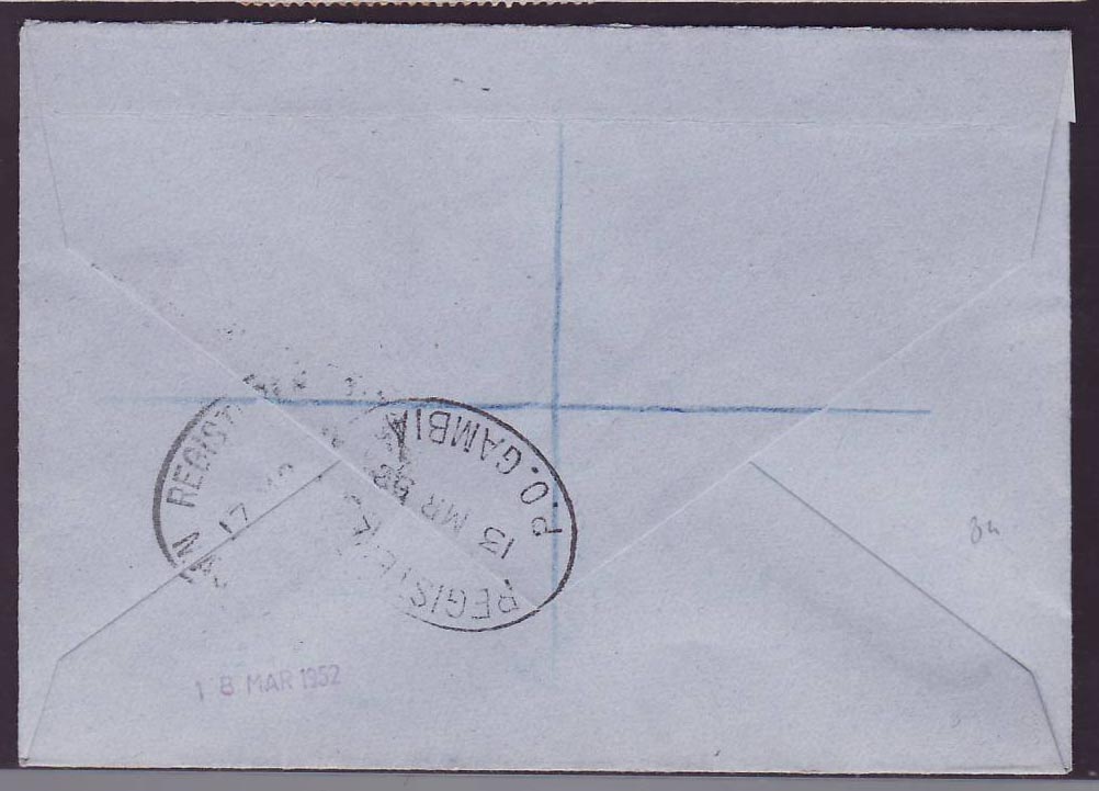 Gambia Gambie MANSA KONKO  (small office) on cover with Elephant issue to Prestbury  England  MR 50 cds — Rückseite
