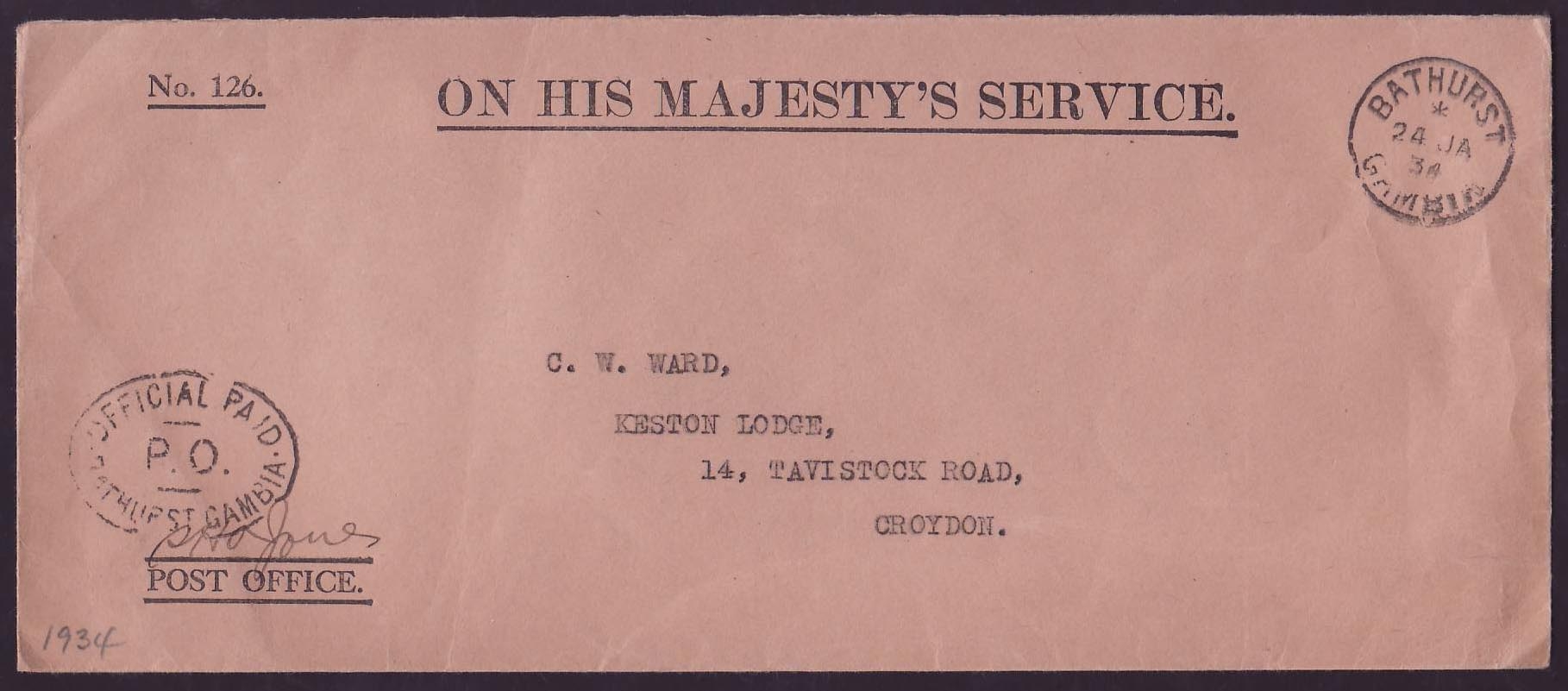 Gambia Gambie OHMS cover with 1934 Bathurst cds to Croydon  England  Scarce