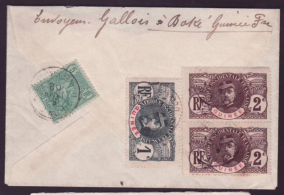 Guinee Lettre avec affr composé Berger Pulas 5c + Ballay 2*2c + 1c pour Paris  France  cad 1908  Rare