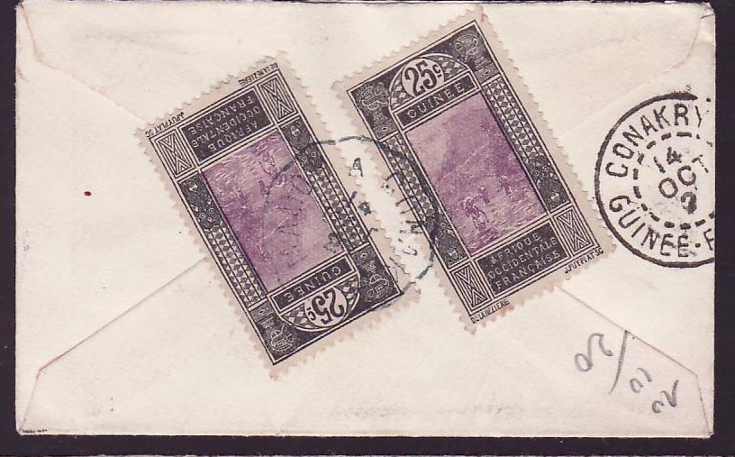 Guinee Petite lettre avec 2*25c Gue de Kitim et bon cachet Convoyeur Conakry a Mamou OCT 27 — Rückseite